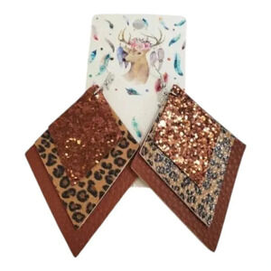 3 Layer Brown Sparkle Animal Faux Leather Dangle Chic Lightweight Earrings 3br2